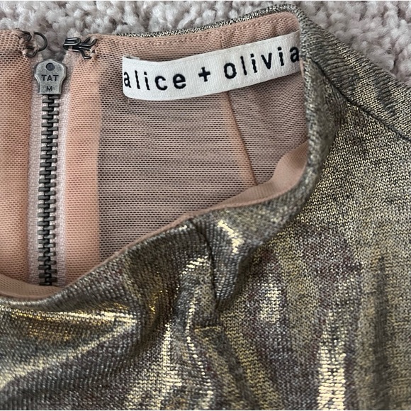 Alice + Olivia Delora Mock Neck Gold Fitted Midi Dress Size 4 Like New - Picture 7 of 14